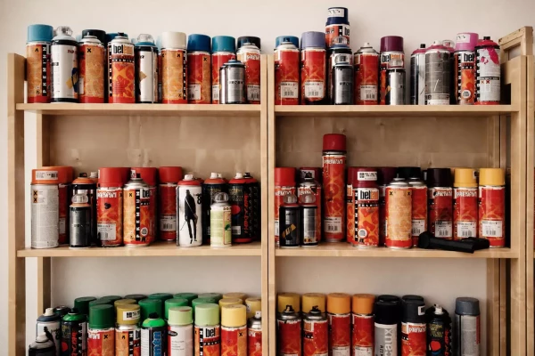 photo d'une étagère avec des bombonnes de spray de peinture pour le street art